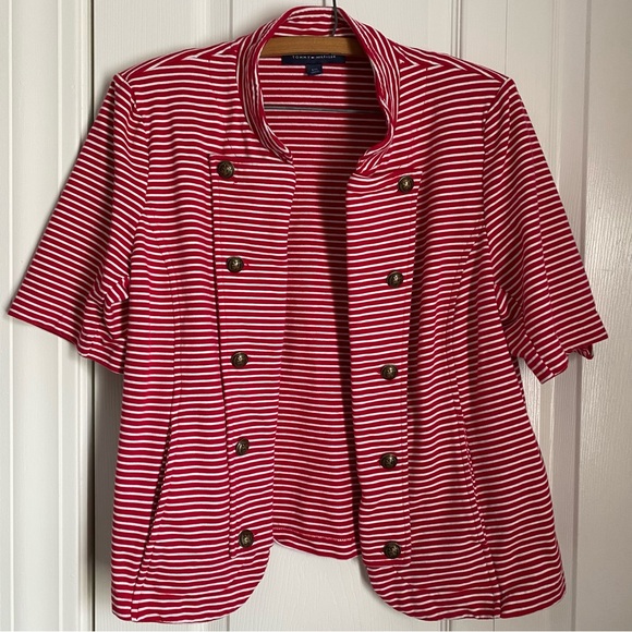 Vintage 90s Tommy Hilfiger Red and White Striped Blazer Nautical Preppy L Y2K - Picture 1 of 11